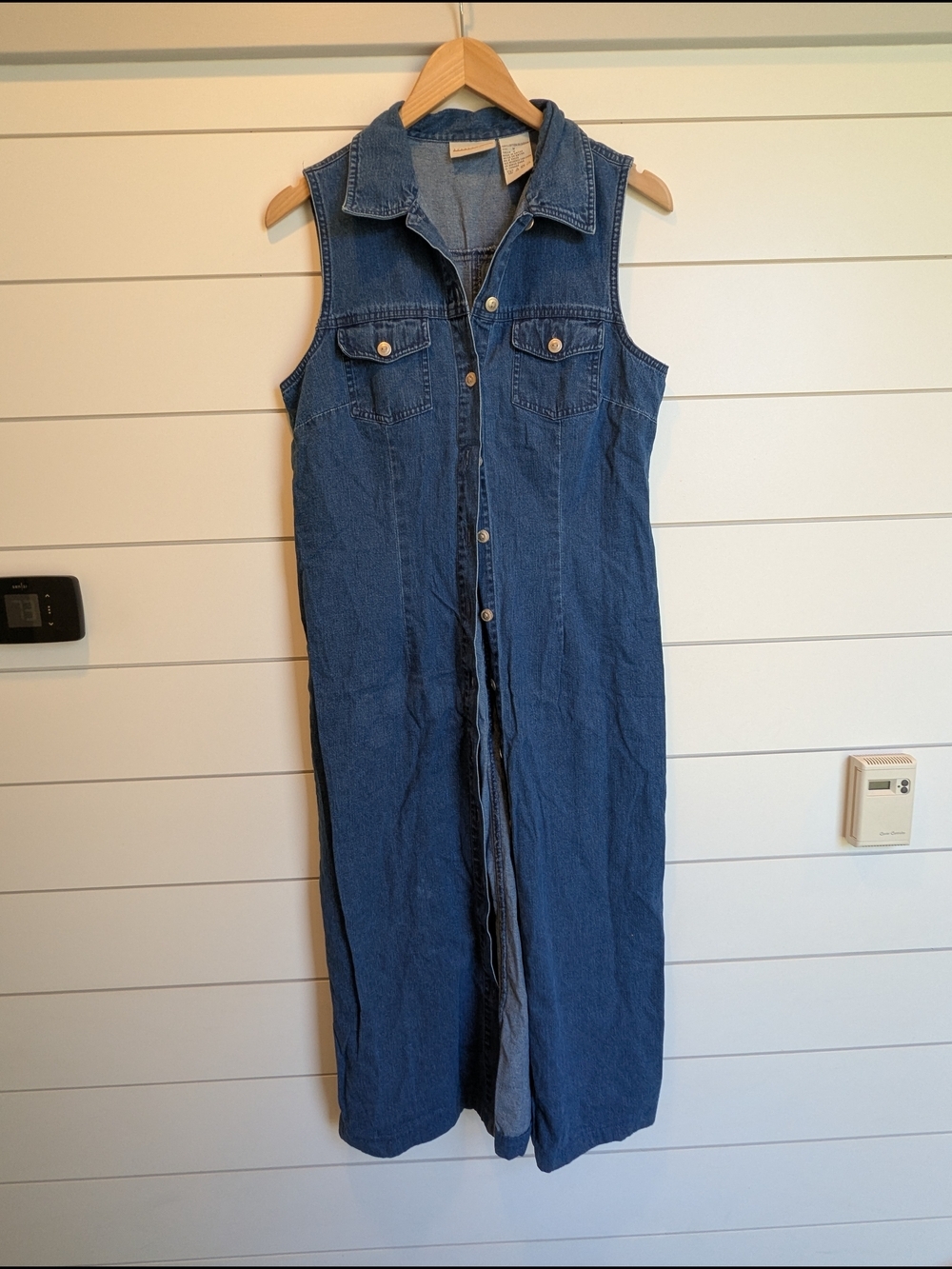 100% Cotton Denim Jumper Dress Sleeveless Collared Button Up Butter Mom Natural